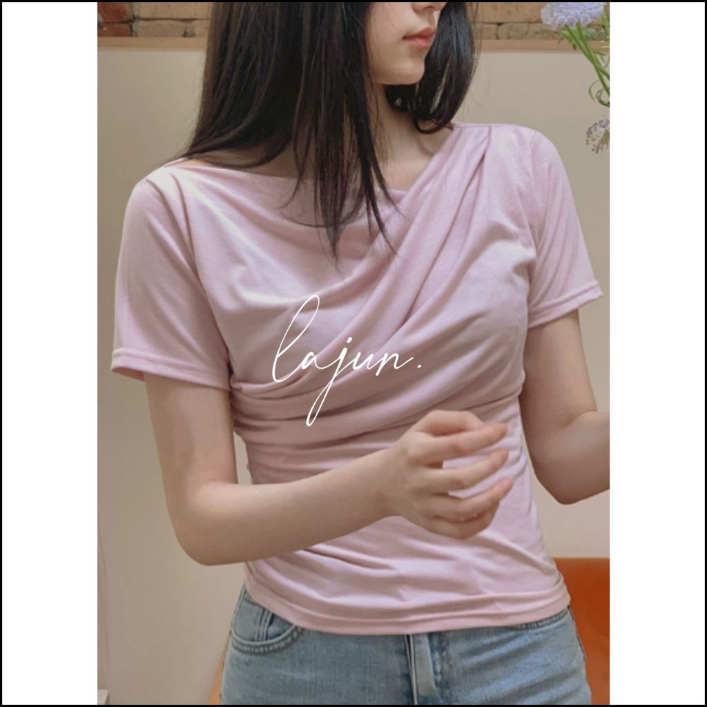 [LAJUN KOREA] Áo Lệch Xếp Vai Pure Tay Ngắn Chất Mát Mịn Hàn Quốc