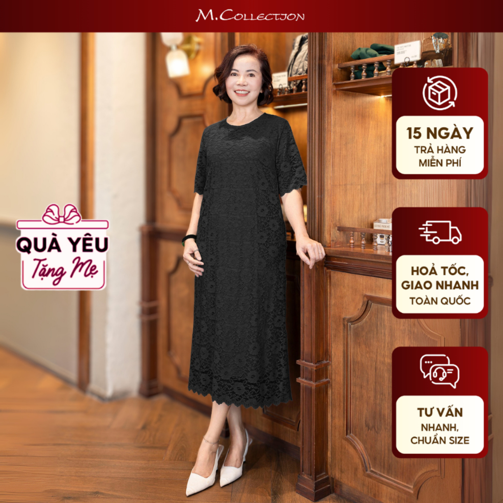 M COLLECTION | Váy Đầm Suông Nữ Trung Niên Tặng Mẹ Viền Ren Thêu Hoa Lót Thun Cổ Tròn Có Túi D12703