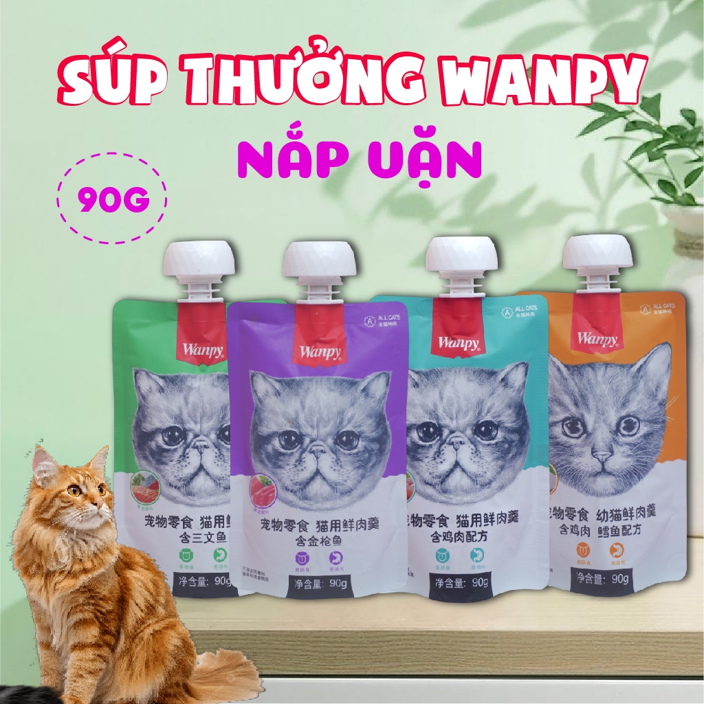 Sup thưởng cho mèo , Pate Wanpy nắp vặn cho mèo gói 90g, Phần thưởng cho mèo siêu hấp dẫn