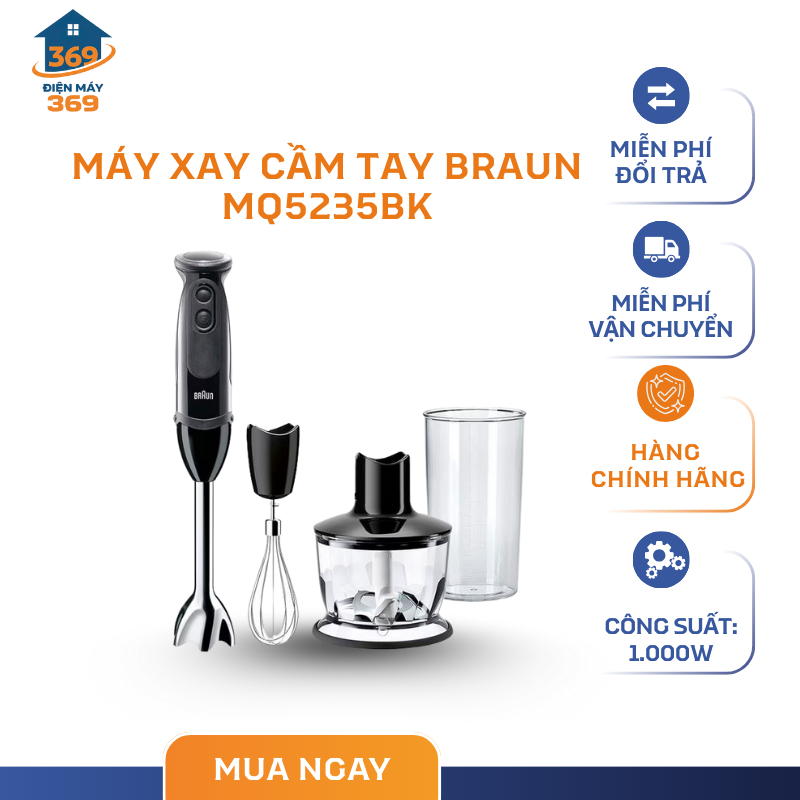Máy Xay Tay Cầm Tay Braun MQ5235BK – Công Suất Động Cơ 1000W – Lưỡi Dao Thép Không Gỉ – SMC