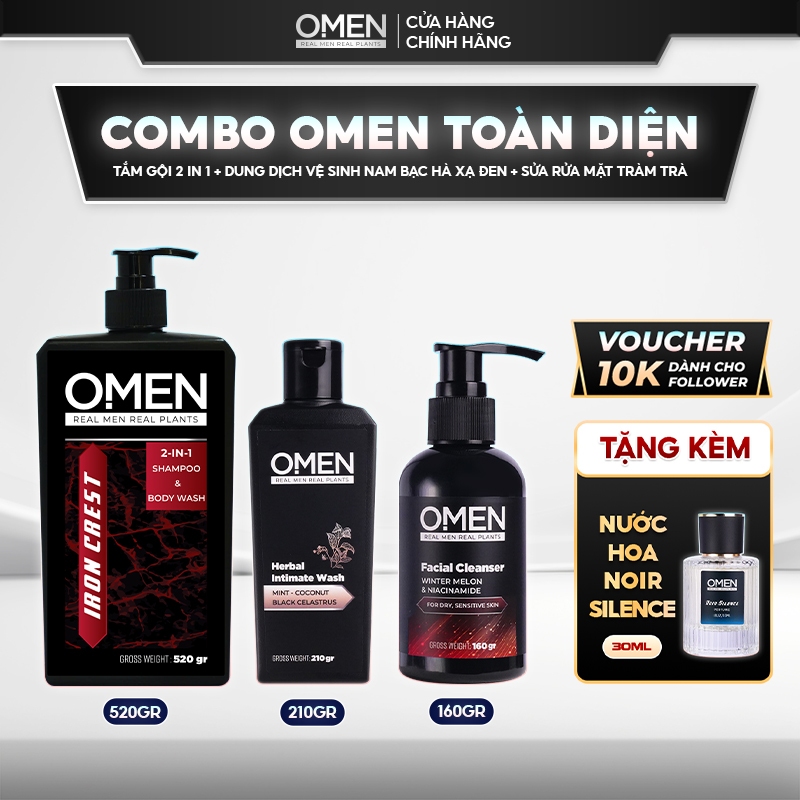 Combo Omen toàn diện  Sữa Tắm Gội 2in1 (410g) & Sữa Rửa Mặt Tràm Trà Niacinamide (160g) & Dung Dịch 