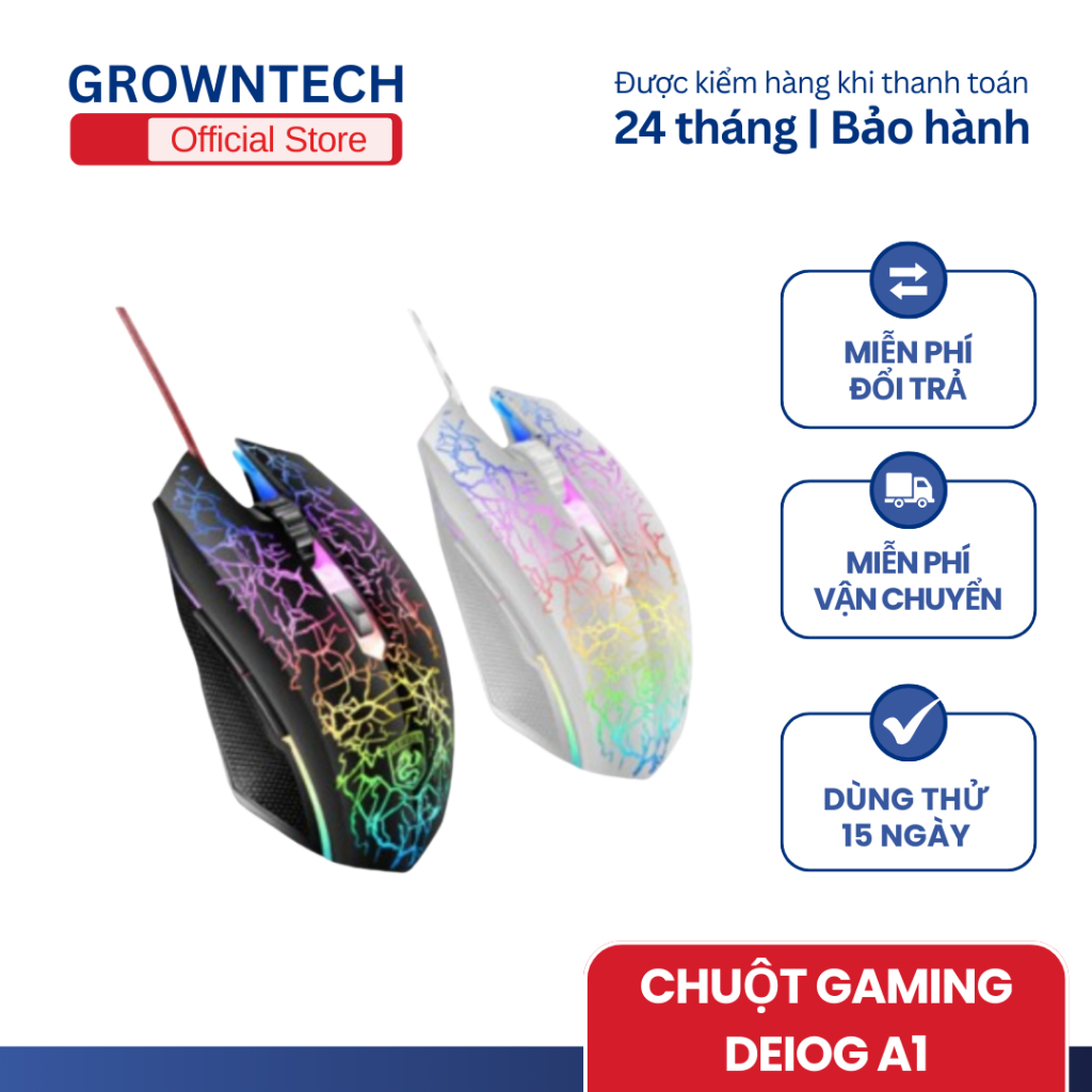 Chuột Máy Tính Có Dây Gaming Deiog A1 Biên Độ Chuyển Động Linh Hoạt, 1600 DPI RGB đèn Grown Tech