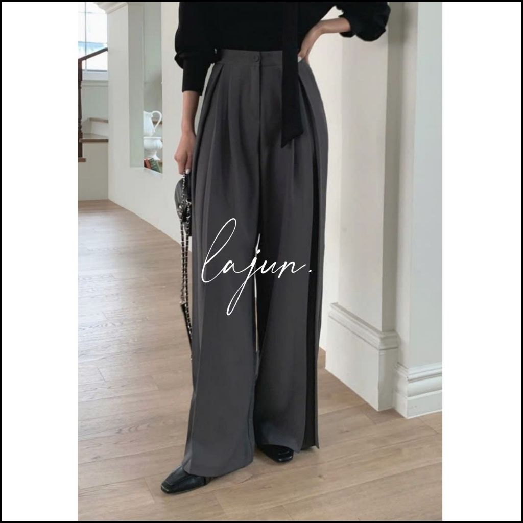 [LAJUN KOREA] Quần Slacks nữ dáng suông dài ống rộng xếp ly Rinie Hàn Quốc
