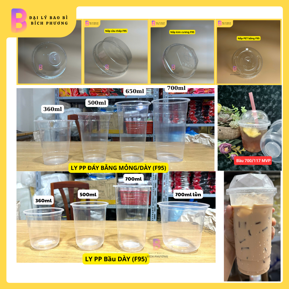 50 / 100 ly PP F95 đáy bầu, đáy bằng 360ml, 500ml, 700ml, Ly Thố lùn 700ml LOẠI DÀY