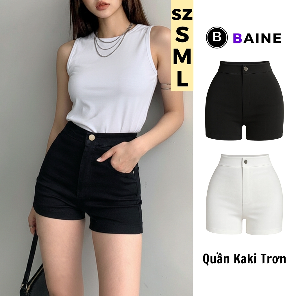 Quần SHORT KAKI TRƠN Cạp Cao Nữ Vải Jean Kaki QU10, Quần Đùi Lưng Cao Đẹp BAINE