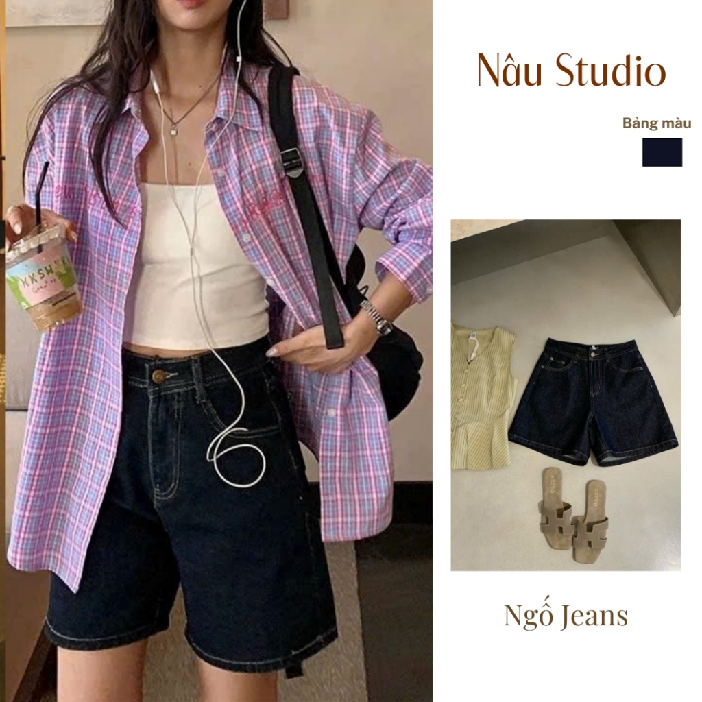 Nâu Studio Quần Short Jean Nữ Lưng Cao (Raw Indigo Denim Shorts) Mang Phong Ccách Cổ Điển Và Thanh l