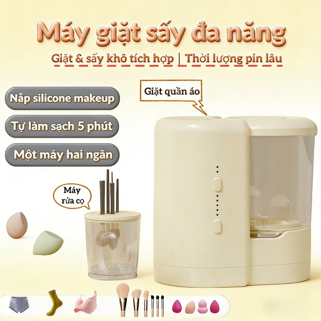 Máy Giặt Mini Tự Động Đa Năng 2 trong 1 Giặt + Tẩy + Sấy Nhỏ Gọn - Cho Đồ Lót & Phụ Kiện Làm Đẹp