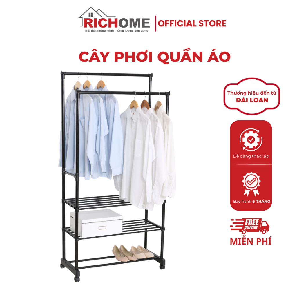 Cây phơi quần áo, giá treo quần áo đơn/đôi RICHOME, chắc chắn tiện lợi, phù hợp với mọi gia đình, dễ