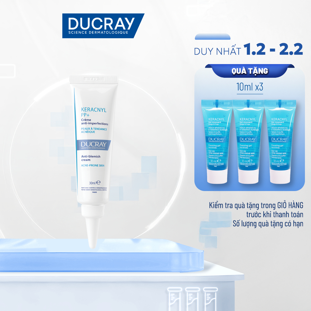 Kem dưỡng giảm mụn Ducray KERACNYL PP+ cream 30ml giúp giảm mụn, mờ thâm do mụn