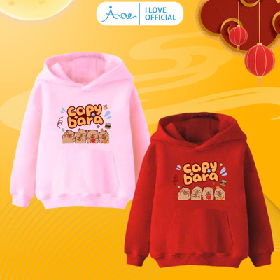 [MỚI] Áo hoodie cho bé AORE, Áo khoác nỉ dài tay phối túi có mũ in hình CAPYBARA cute cho bé trai, bé gái từ 10-35kg