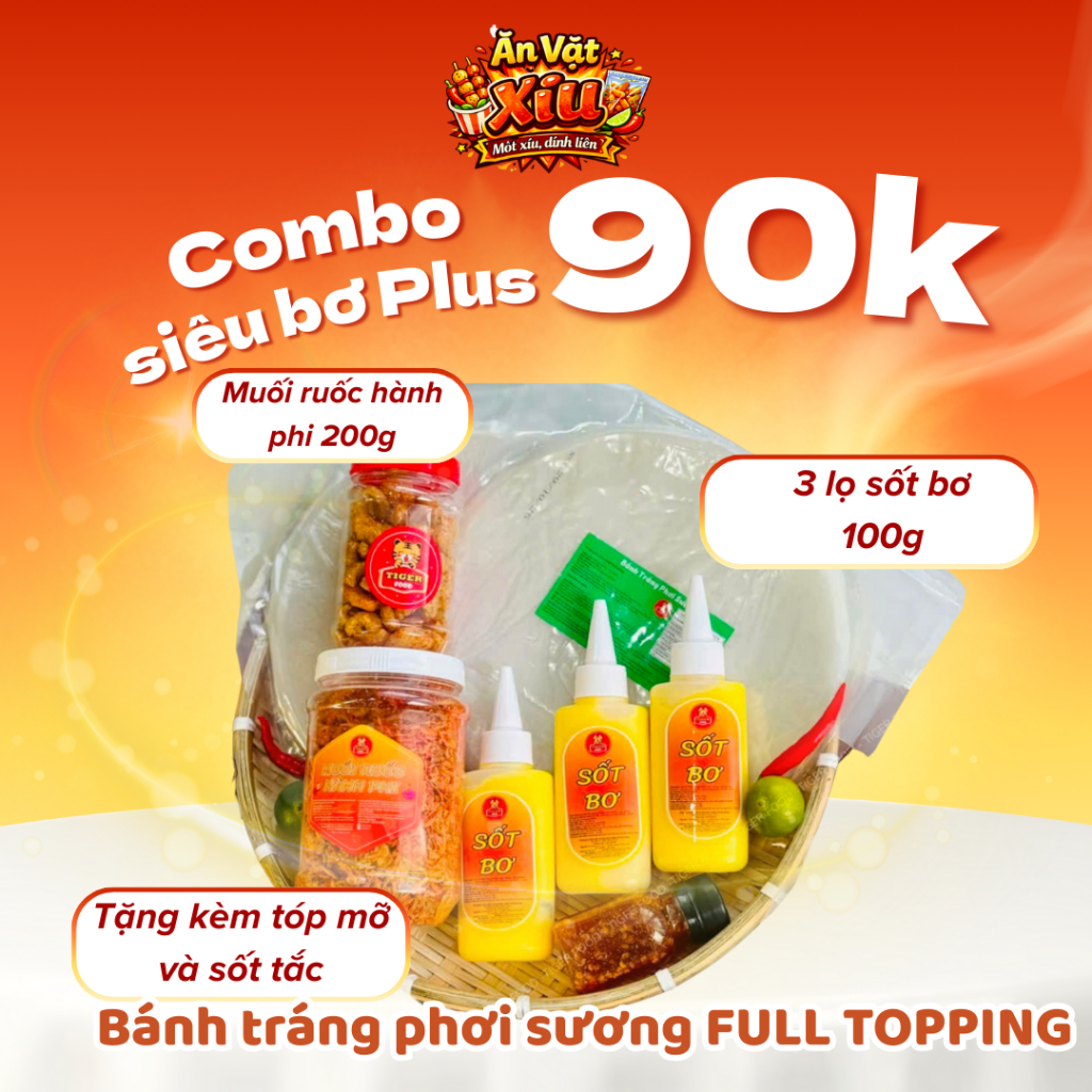 COMBO Bánh tráng phơi sương TIGER FOOD - Bánh Tráng + Muối Tôm Hành Phi + Bơ béo + Tóp Mỡ + Sốt tắc