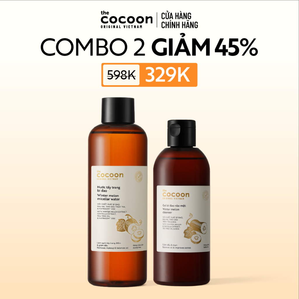 [MUA 2 GIẢM 45%] Combo Nước tẩy trang bí đao 500ml & Gel rửa mặt bí đao 310ml tẩy sạch makeup & giảm