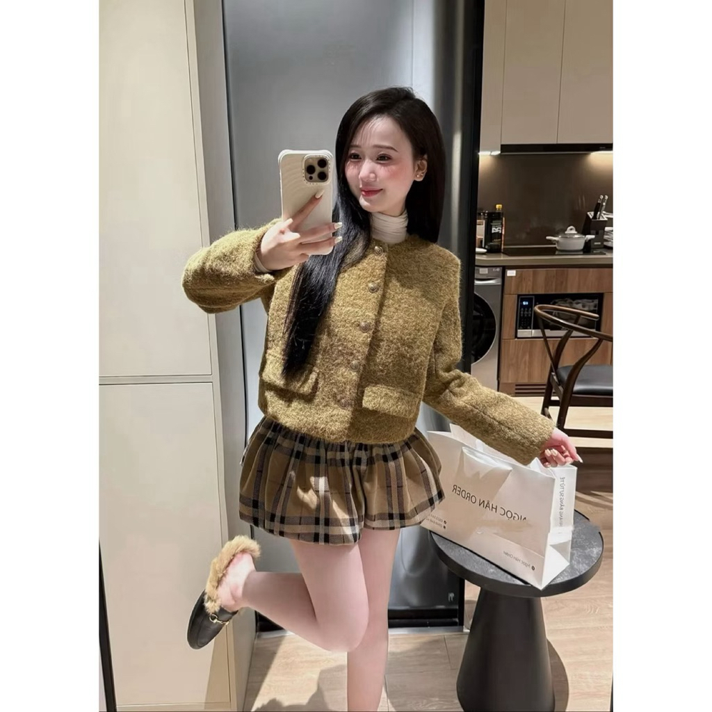 [Sẵn Hàng ] Set Áo Dạ Lông Cúc Đồng Mix Chân Váy Kẻ QCCC Dày Dặn(Có Tách Lẻ)-MOXIE BOUTIQUE-
