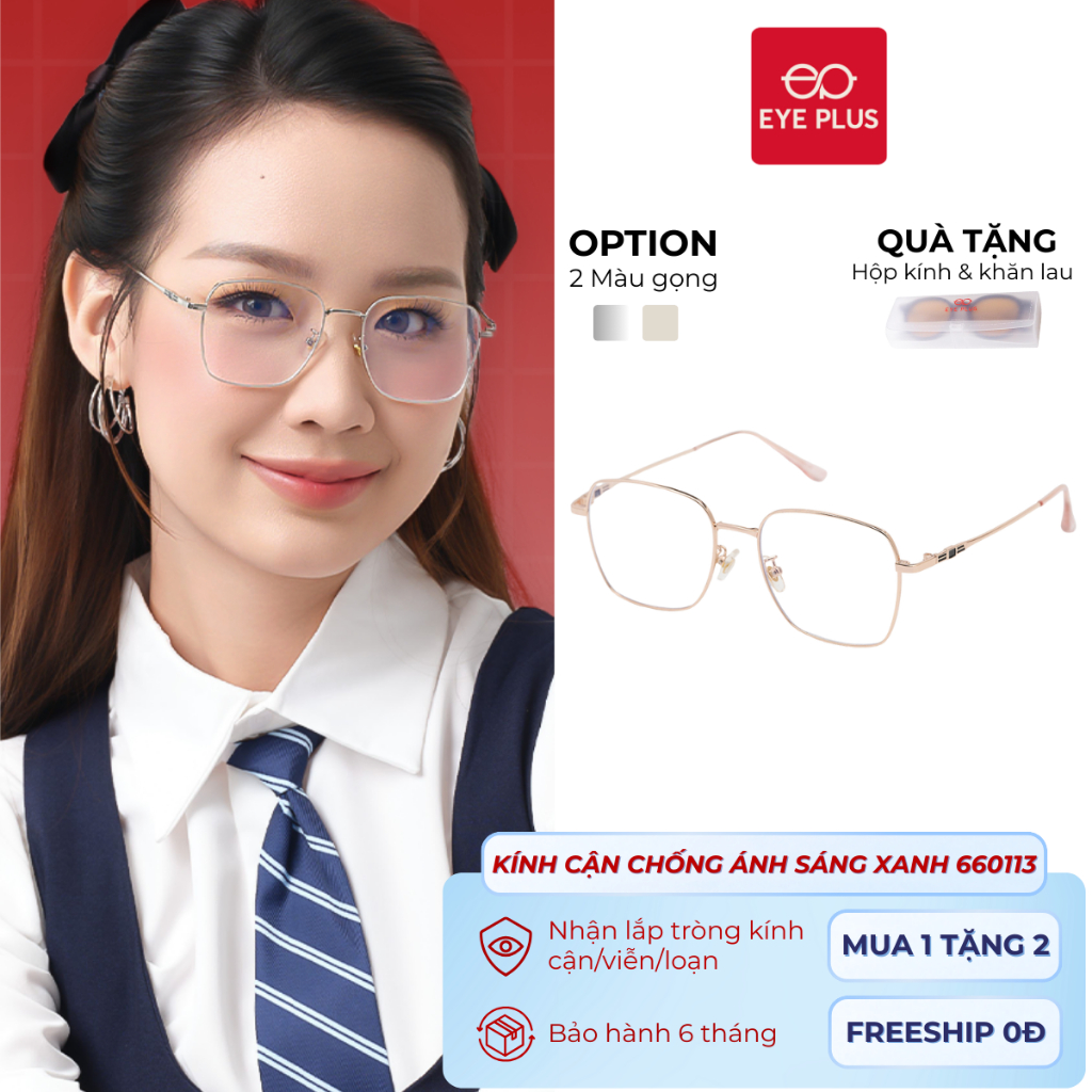 Gọng Kính Cận Nam Nữ Dáng Đa Giác Eye Plus 66013 Gọng Kim Loại Bọc Nhựa TR90 Trẻ Trung Thời Trang