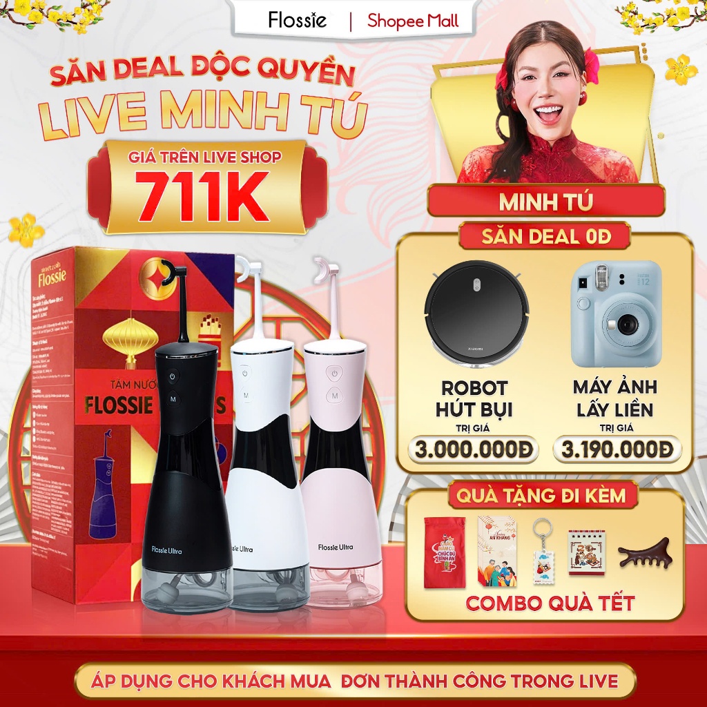 [SĂN 711K TẠI LIVE MINH TÚ] Máy tăm nước Flossie với vòi phun 2 chiều công nghệ đầu xoay 360 độ làm 