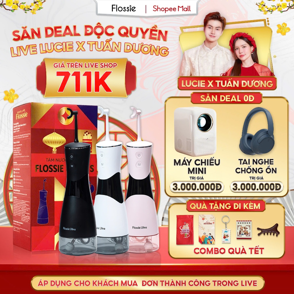 [GIÁ 711K LIVE LUCIE] Máy tăm nước Flossie Ultra vòi phun 2 chiều, công nghệ xoay 360 độ cho người n