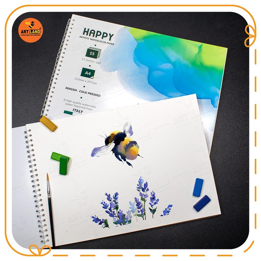 Sổ Vẽ A4 Happy 15 tờ 300gsm Giấy Vẽ Màu Nước Gáy Lò Xo - Set giấy A4 10 tờ