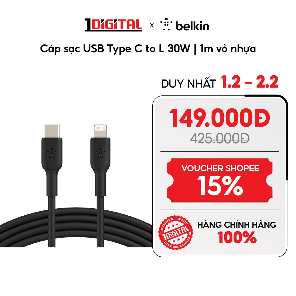 (Belkin) Cáp sạc USB Type C to LGT, 1 mét, vỏ nhựa Đen/Trắng, công suất 30w