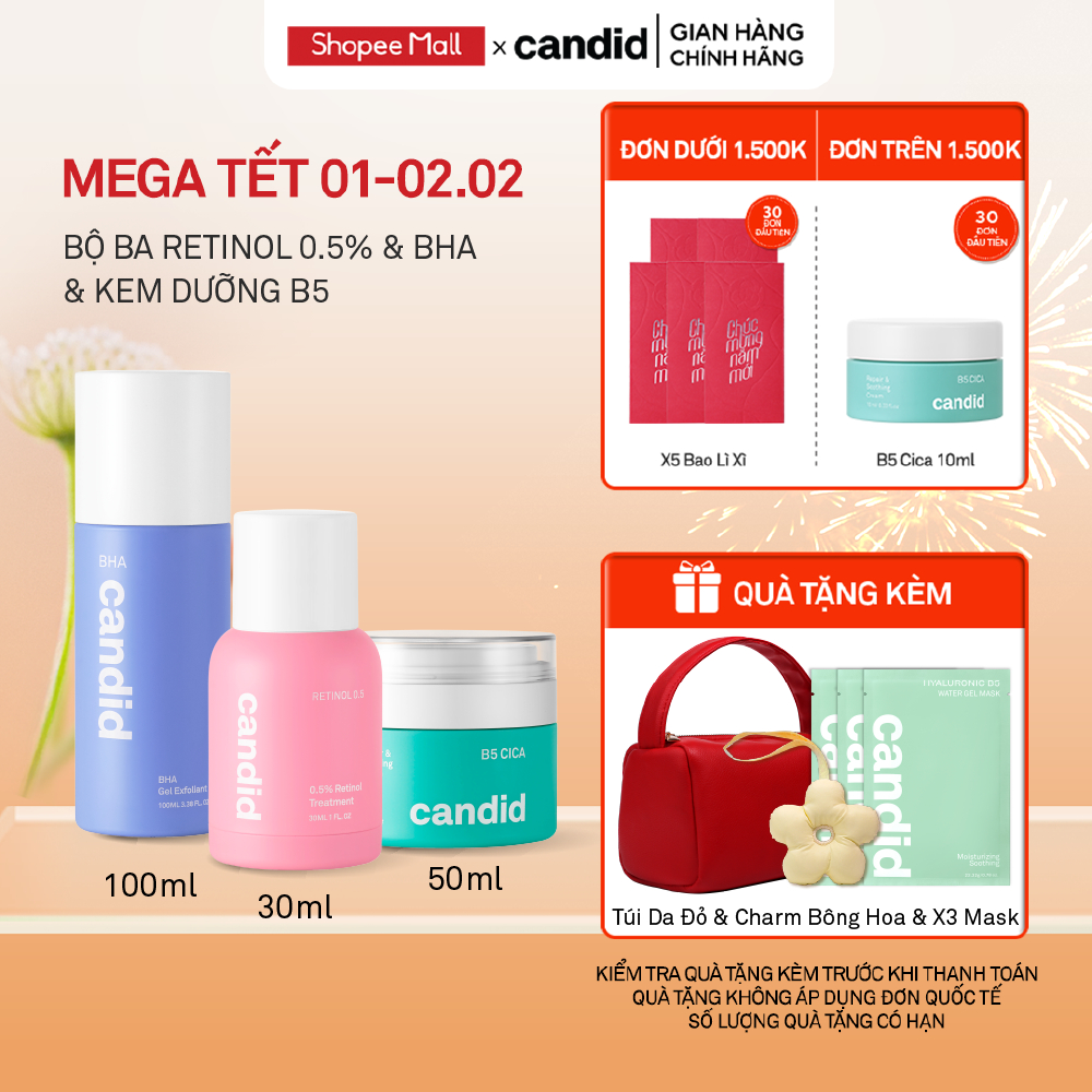 Bộ Ba Hỗ Trợ Cải Thiện Và Phục Hồi Da Candid Retinol 0.5% 30ml & Kem Dưỡng B5 Cica 50ml & BHA 100ml
