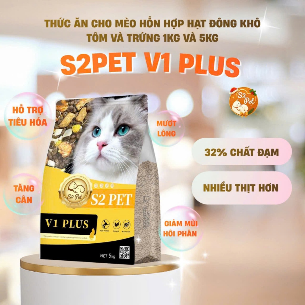 Hạt Cho Mèo S2PET V1 Đạm 32% Mix Thịt Đông Khô Kích Thích Thèm Ăn Phù Hợp Mọi Lứa Tuổi
