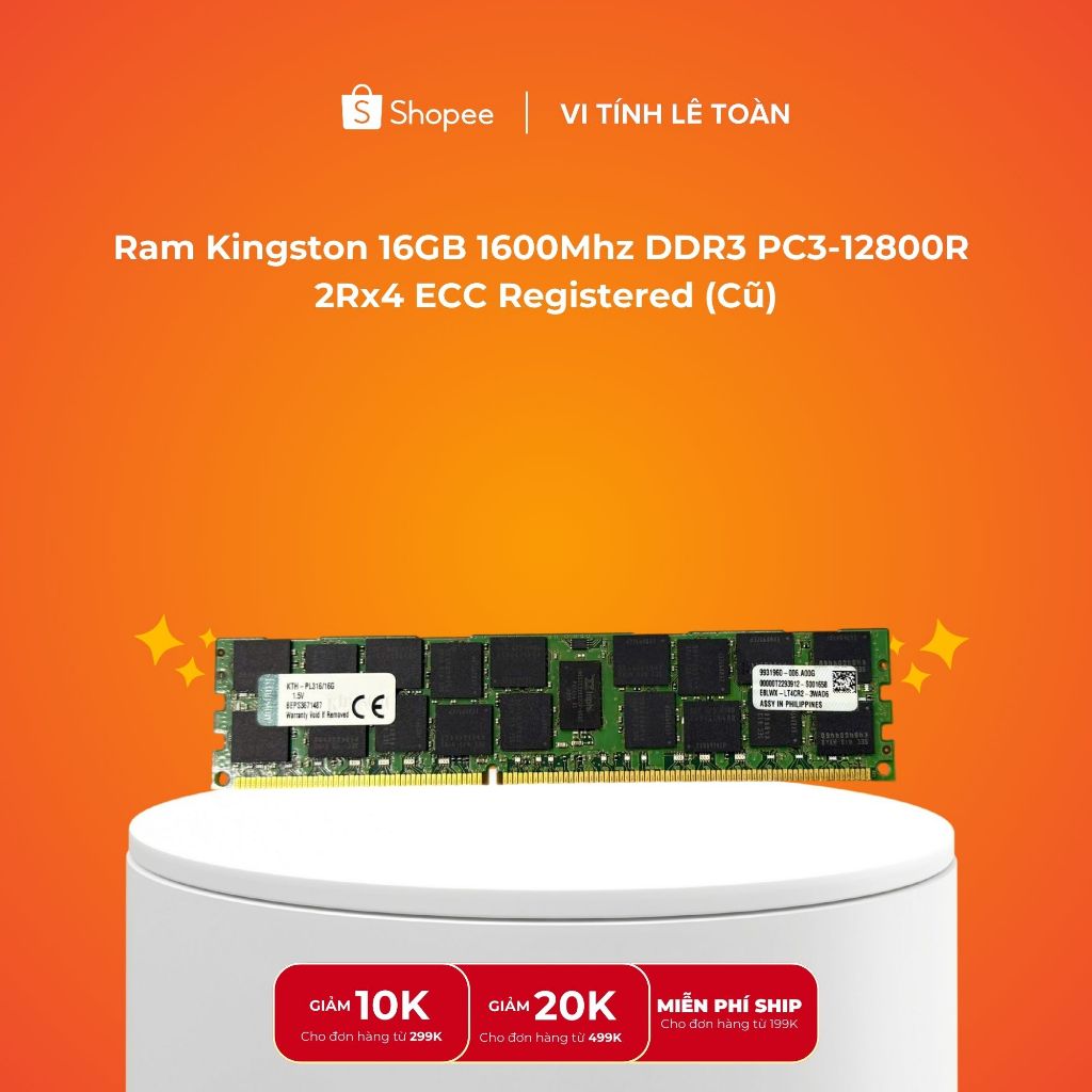 Ram Kingston 16GB 1600Mhz DDR3 PC3-12800R  2Rx4 ECC Registered (Cũ)