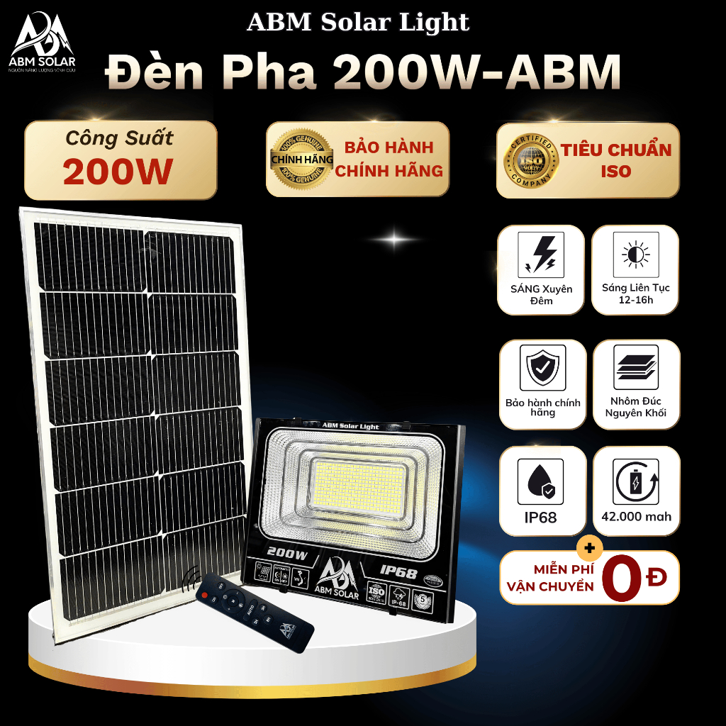 [200W] Đèn Năng Lượng Mặt Trời, Đèn Pha Chiếu Sáng Trong Nhà, Công Suất 200W ABM SOLAR