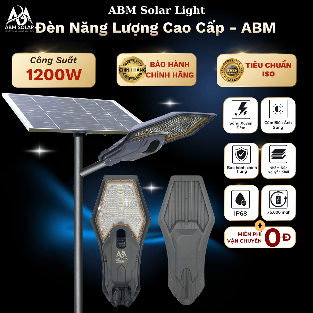 [1200W] Đèn Năng Lượng Mặt Trời  Công Trình Cao Cấp Tấm Pin Rời, Chiếu Sáng Sân Vườn Ngoài Trời- ABM