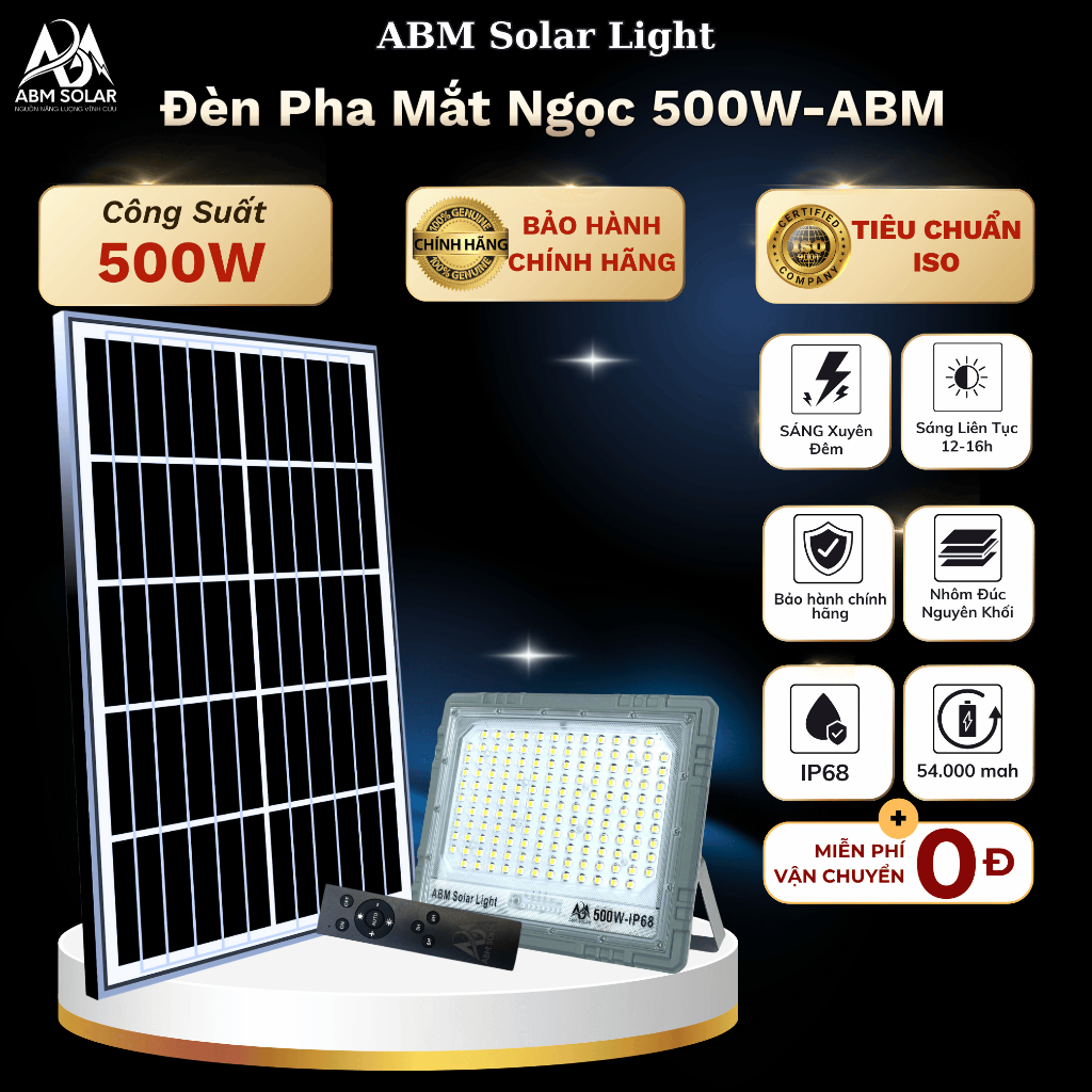 [500W] Đèn Năng Lượng Mặt Trời Nhôm Đúc Nguyên Khối,Chống lóa lắp trong nhà, Kho Hàng ABM SOLAR