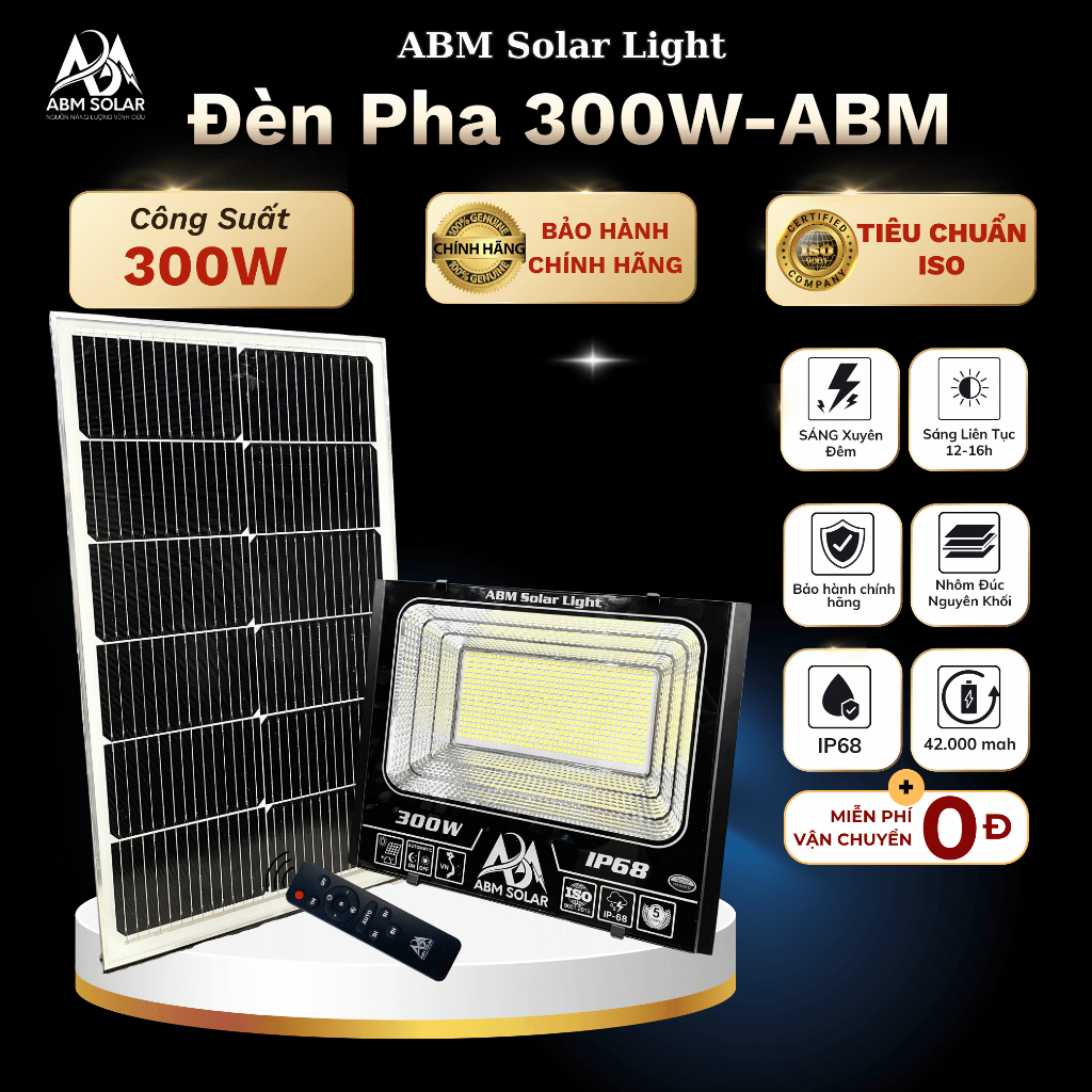 [300W] Đèn Năng Lượng Mặt Trời, Đèn Pha Chiếu Sáng Trong Nhà, Công Suất 300W ABM SOLAR