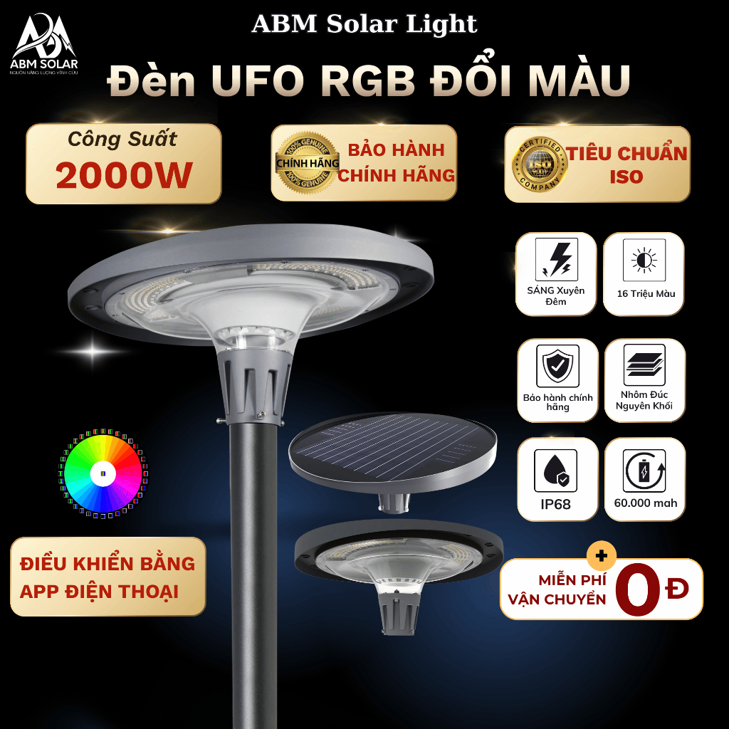 [2000W] Đèn Năng Lượng Mặt Trời Sân Vườn, Đĩa Bay UFO Nhôm Đúc Led Công Trình Siêu Sáng, Chống nước 
