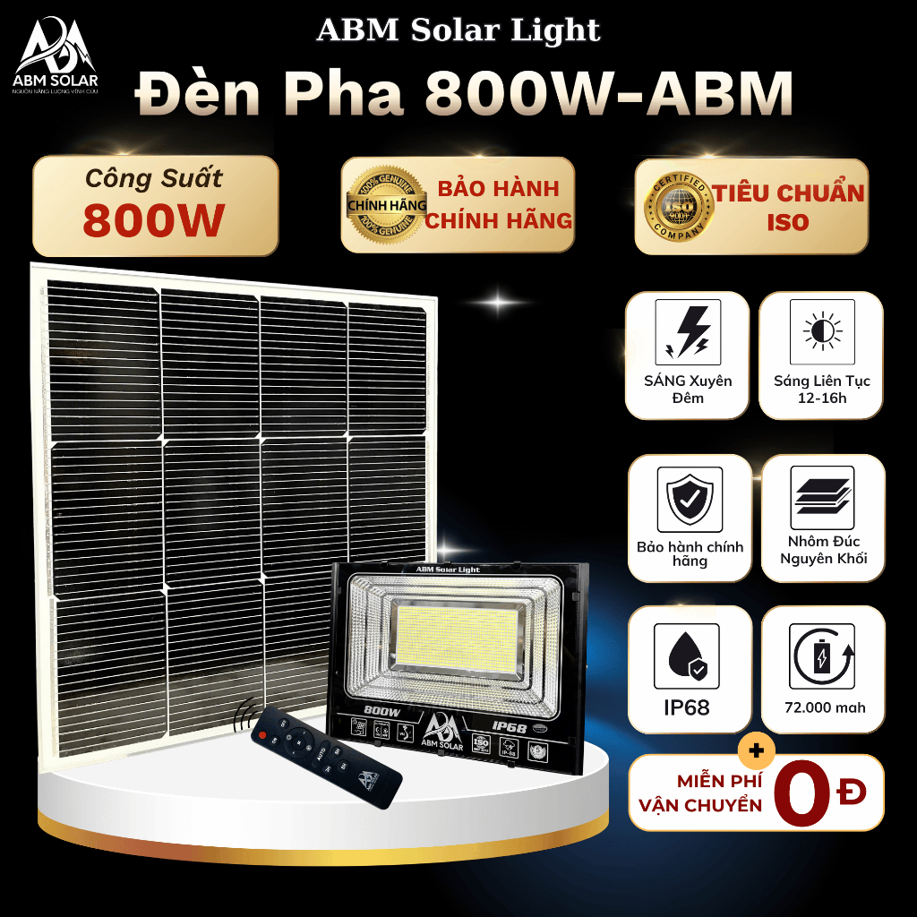 [800W] Đèn Pha Năng Lượng Măt Trời ABM SOLAR, Chất Liệu Nhôm Nguyên Khối, Tấm Pin Mono Sạc Nhanh