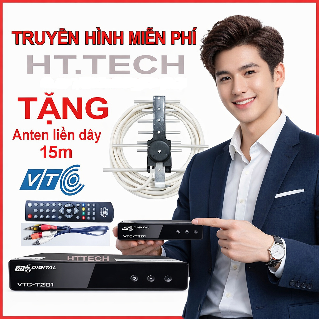 Đầu thu truyền hình  xem TV miễn phí số mặt đất VTC T201 model 2025 tặng anten liền dây 15m