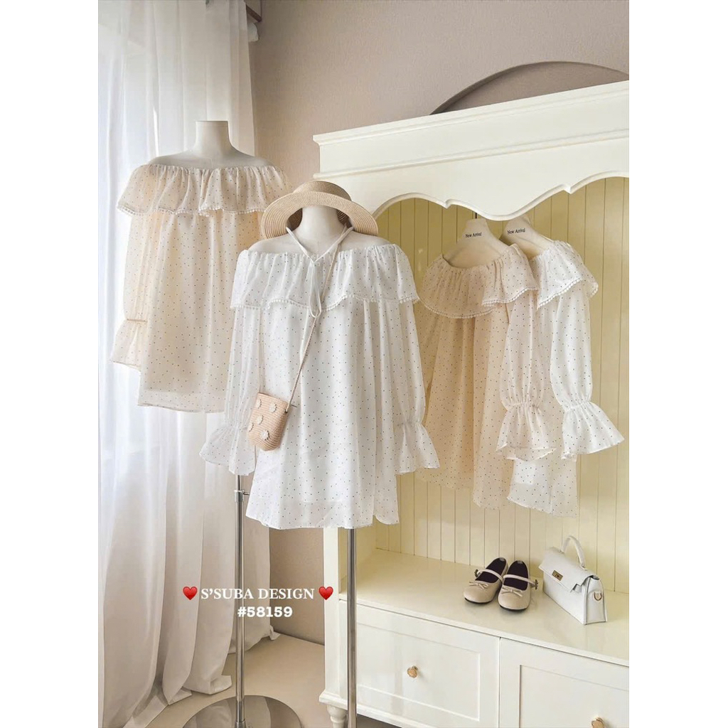 💥Đầm Voan Babaydoll chấm bi trễ vai💥💥