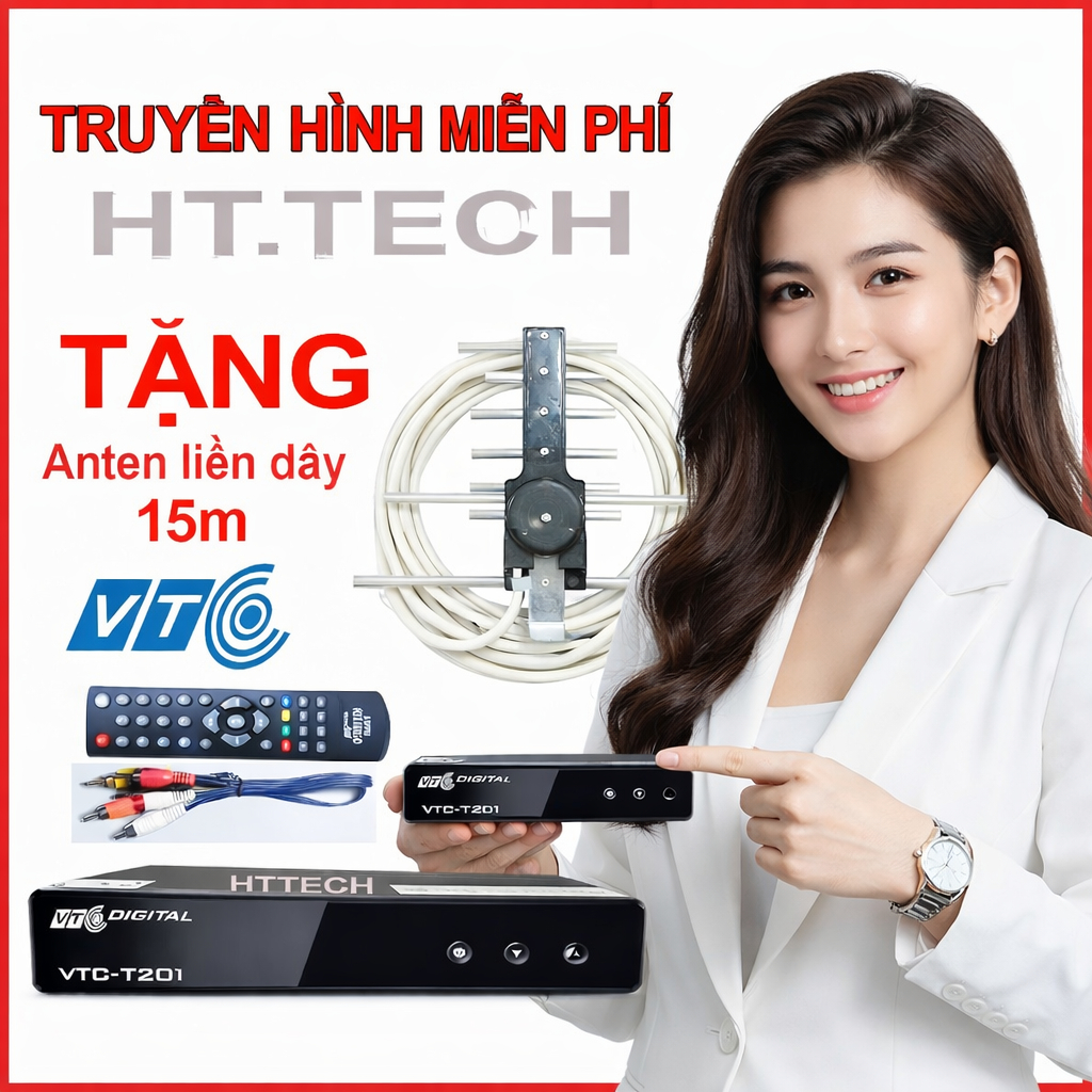 Đầu thu truyền hình số mặt đất VTC T201 xem truyền hình miễn phí tặng anten kèm dây