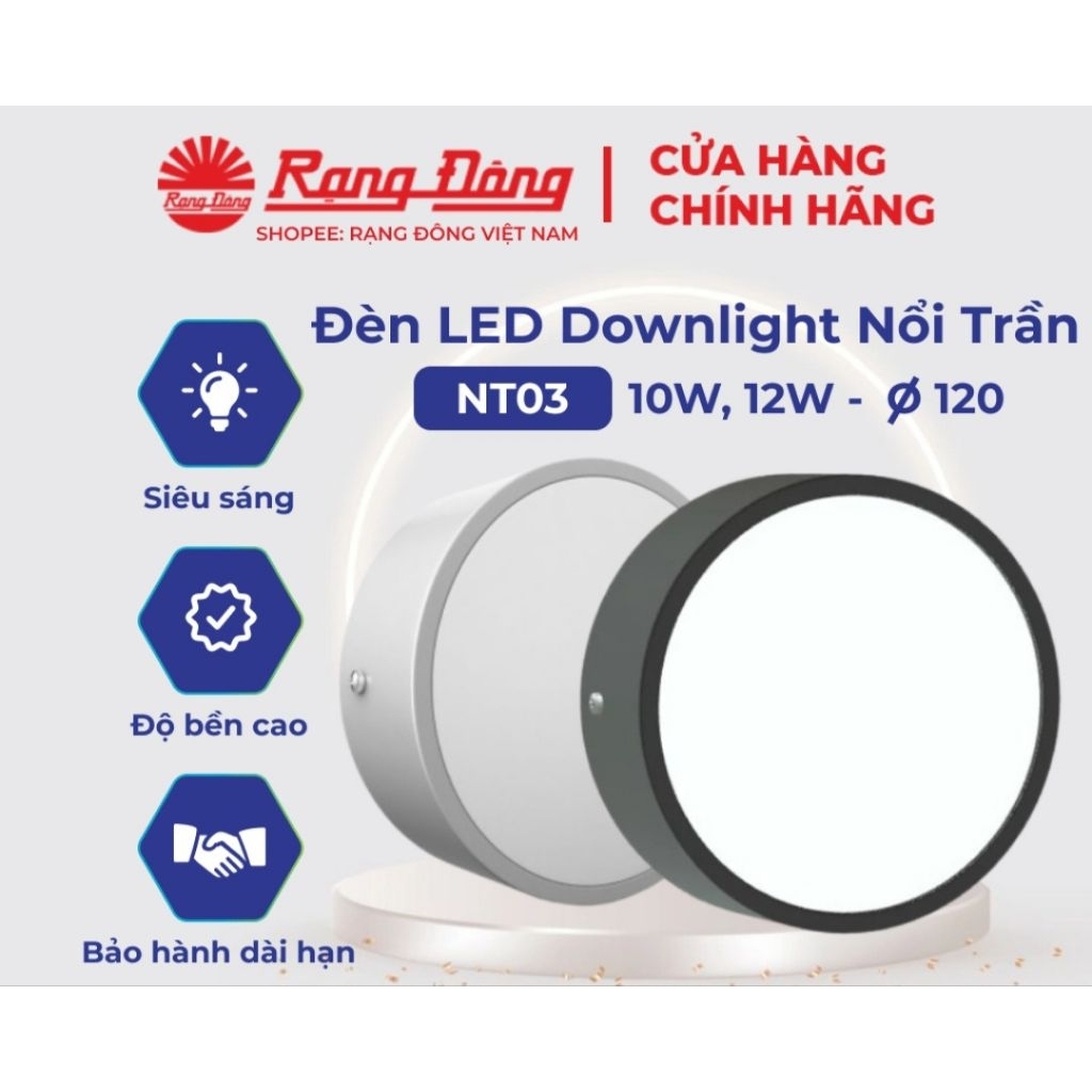 [Chính hãng] Ốp ống bơ nổi trần NT03 10w, 12w phi 120 Rạng Đông.