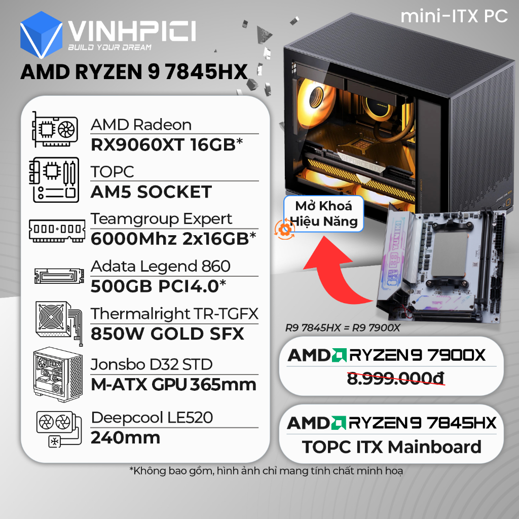 Máy tính ITX CPU AMD Ryzen R9 7845HX/R9 7940HX/R9 8945HX+RX9060XT 16GB+Nguồn SFX 850W+32GB+500GB (= 