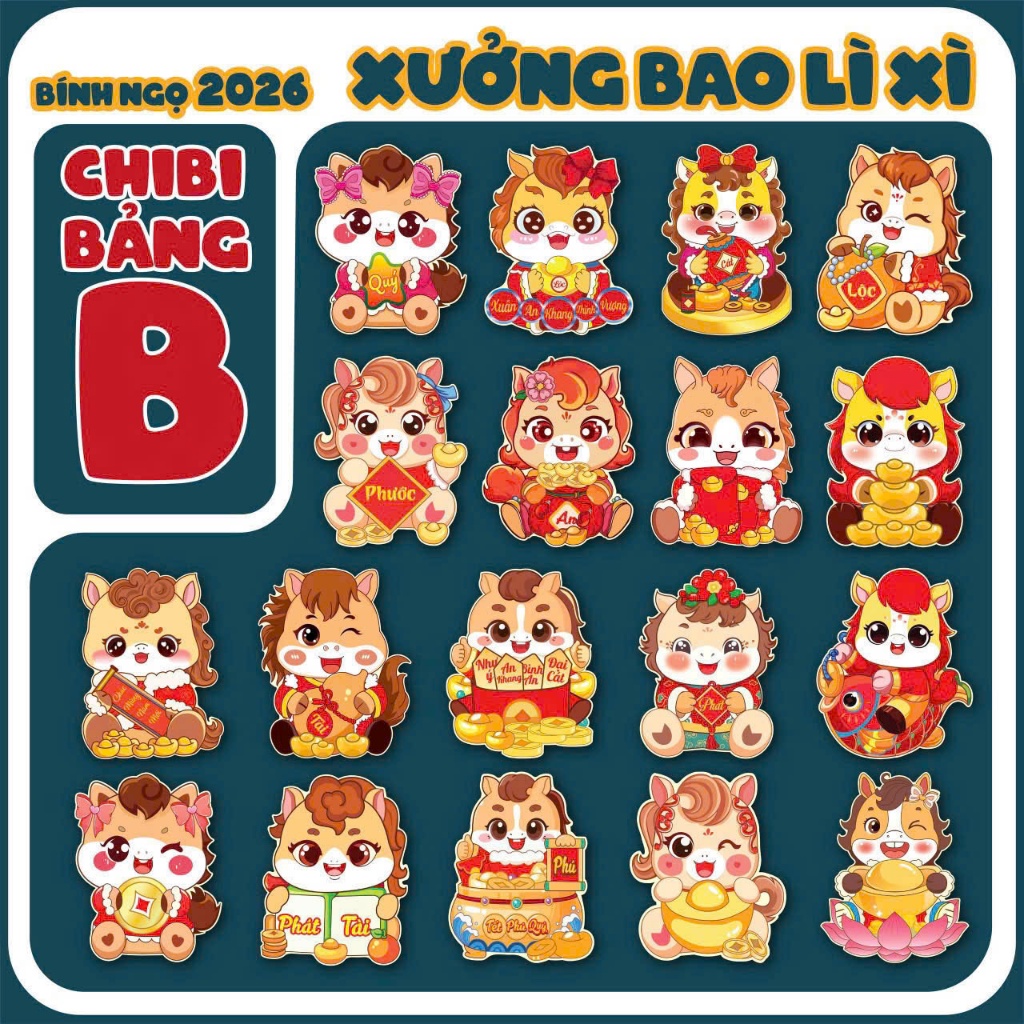 COMBO 100 Bao lì xì chibi, bao lì xì dạ quang, bao lì xì 2026 mẫu mới Bính Ngọ
