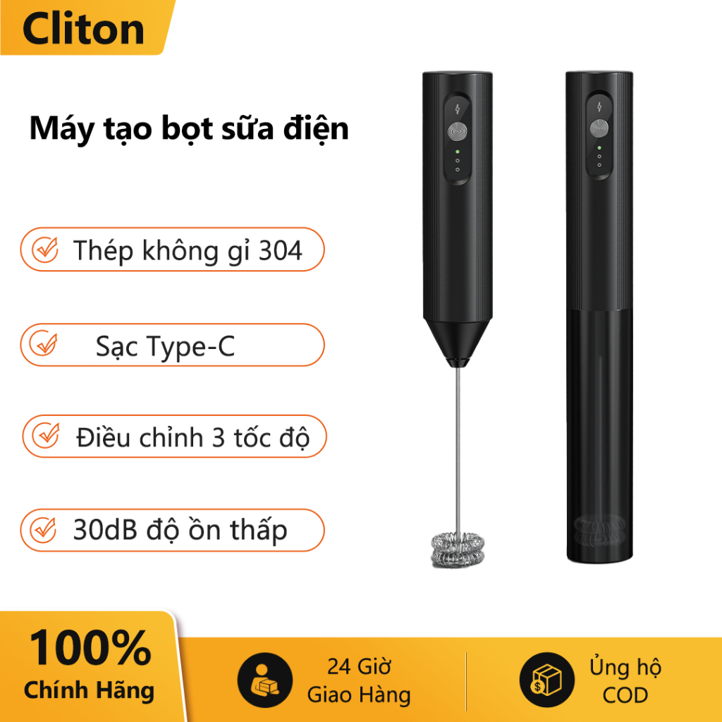 Cliton Máy tạo bọt sữa điện EF-A, tạo bọt tốc độ cao, sạc Type-C, 3 tốc độ, thép không gỉ 304, thời lượng pin dài.