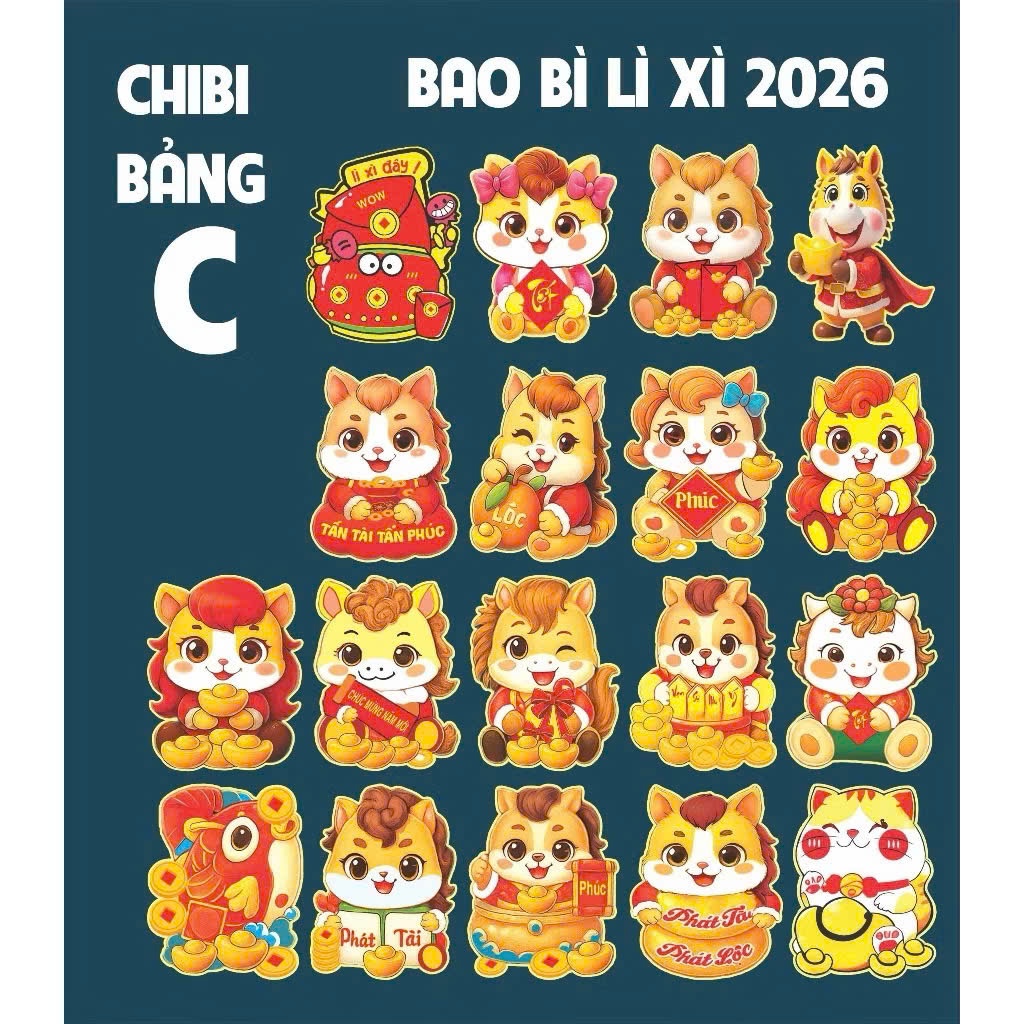 SET 100 Cái Bao lì xì chibi, bao lì xì dạ quang, bao lì xì 2026 mẫu mới Bính Ngọ