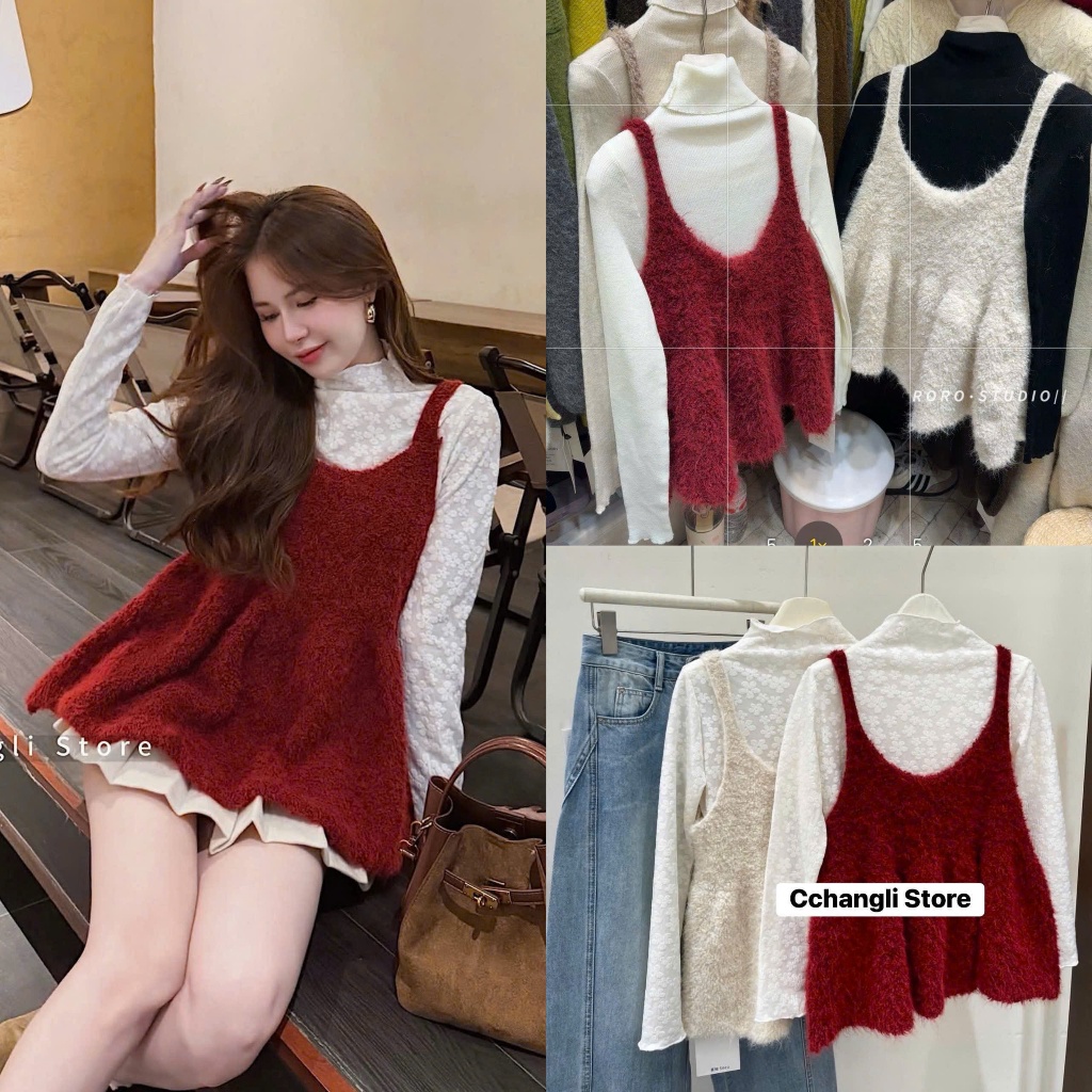 METWO. - Set áo gile 2s len trơn lông xù dáng xoè babydoll chiết eo QC kèm áo ren hoa bèo ulzzang tiểu thư Hàn Quốc | BigBuy360 - bigbuy360.vn