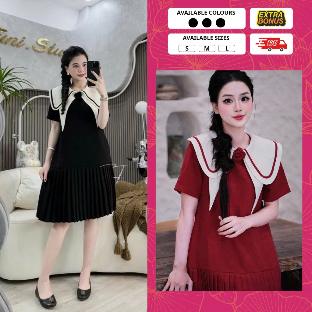 Váy bầu xinh, đầm bầu thiết kế dáng babydoll , cổ áo vạt thủy thủ phối hoa, chân váy xếp ly lên dáng siêu xinh xắn