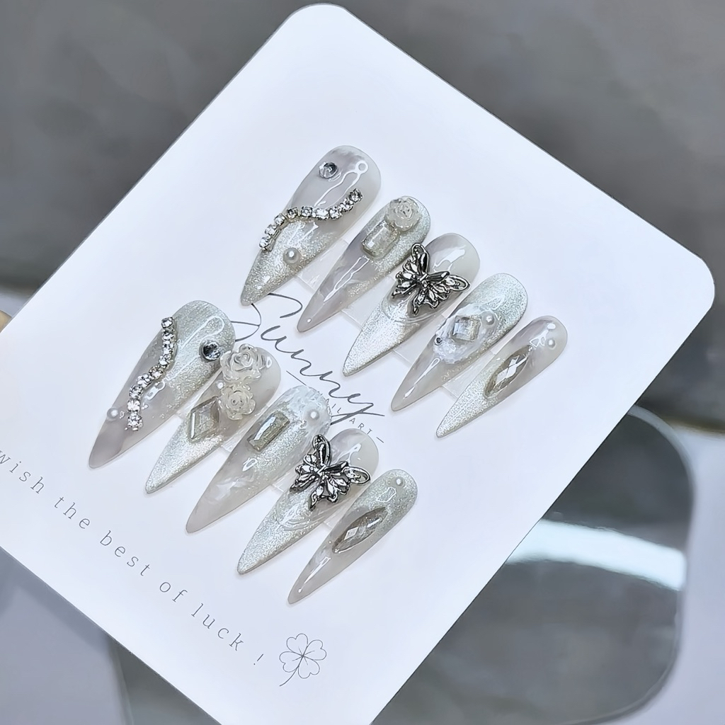 [N08] Nailbox thiết kế loang xám mắt mèo bling