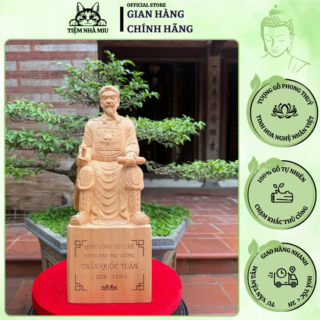 Tượng Gỗ Trần Quốc Tuấn Dáng Ngồi Mẫu Mới Chế Tác Gỗ Ngọc Am Thơm Liền Nguyên Khối Cao 40X15X15
