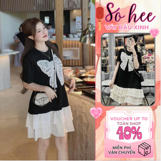 Váy bầu xinh, đầm bầu đẹp dáng babydoll SOHEE thiết kế đuôi bèo xinh xắn, trang trí nơ đính ngọc nổi bật, sang chảnh