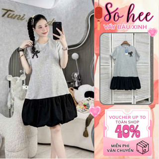 Váy bầu xinh, đầm bầu thiết kế dáng babydoll chất dạ, chân váy bồng, nơ đính ngực, lên dáng cực xinh hot 2025