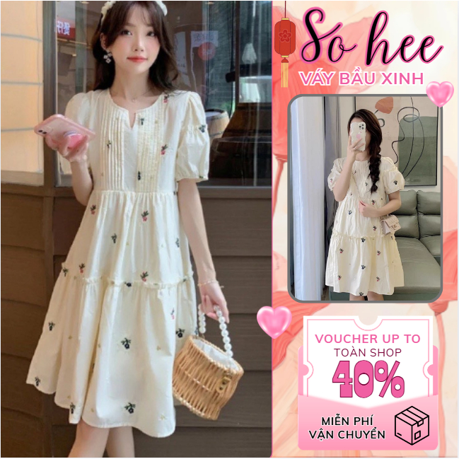 Váy bầu xinh, đầm bầu hoa nhí dáng babydoll thiết kế dập ly ngực, tay bồng tiêu thư phong cách hàn quốc,họa tiết vintage