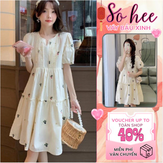 Váy bầu xinh, đầm bầu hoa nhí dáng babydoll thiết kế dập ly ngực, tay bồng tiêu thư phong cách hàn quốc,họa tiết vintage