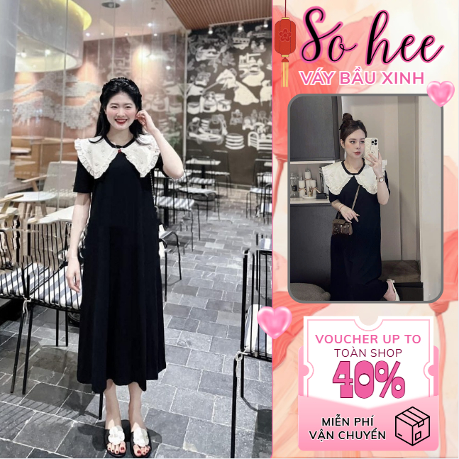 Váy bầu thiết kế, đầm bầu công sở dáng babydoll cổ bèo đính ngọc xịn sò chất liệu cao cấp mềm mát lên dáng cực xinh