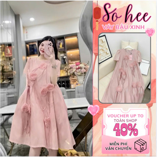 Váy bầu xinh, đầm bầu thiết kế NH Clothing dáng babydoll lụa mịn 2 lớp , họa thiết hoa thêu thủ công tỉ mỉ, sành điệu