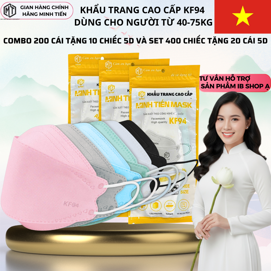 KF94 Khẩu Trang Set 200 Tặng 10 cái 5D - 400 Chiếc (Tặng 20c 5D ) MINH TIẾN 4 Lớp Ngăn Uv Bụi Mịn